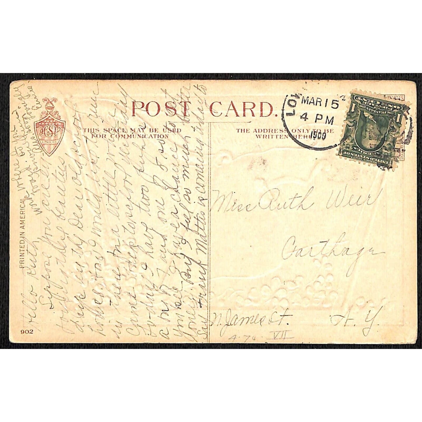 Ireland Postcard "Erin Go Bragh" Harp Flag Clovers Gilt Embossed PM 1914