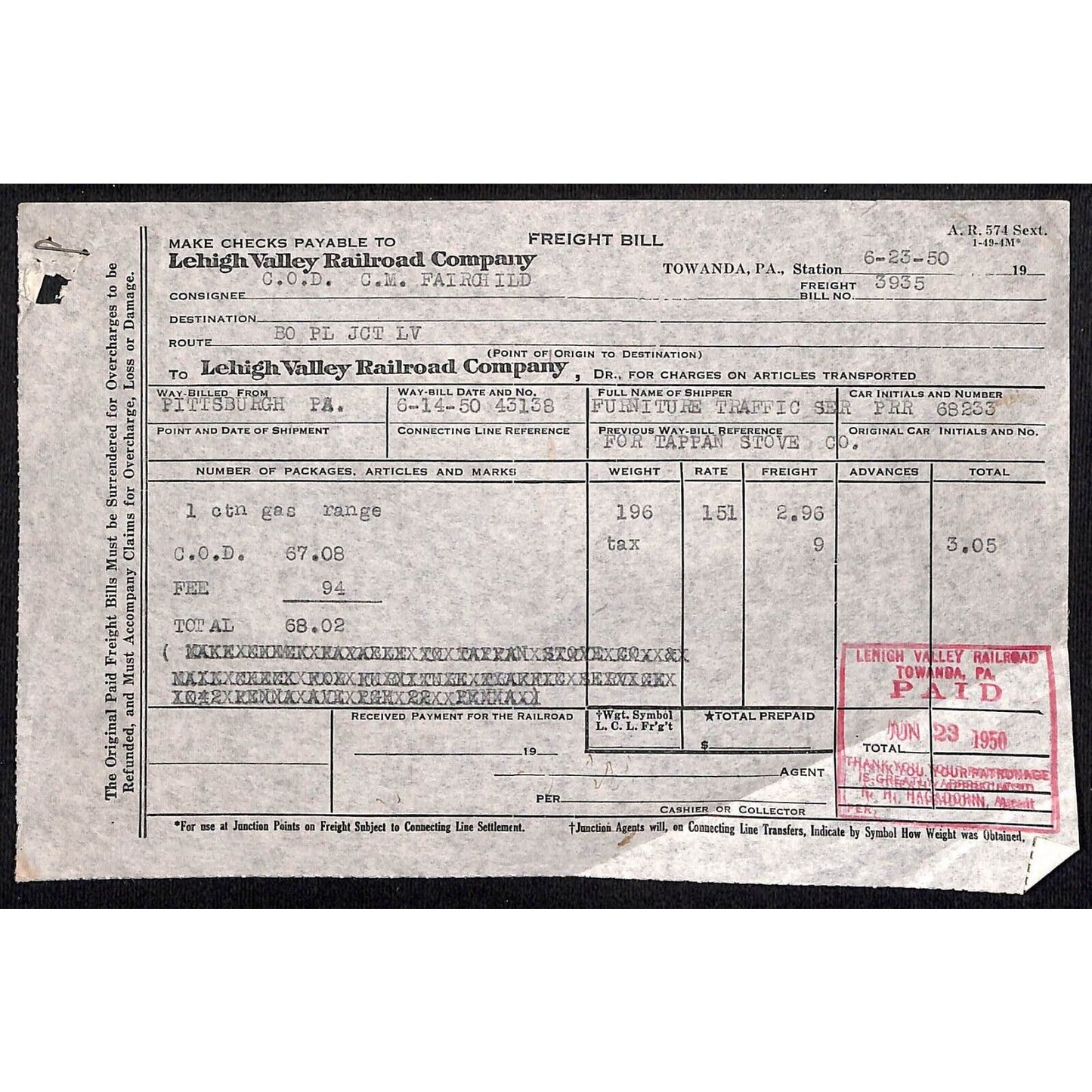 Lehigh Valley Railroad 1950 Freight Bill for Gas Range #3935