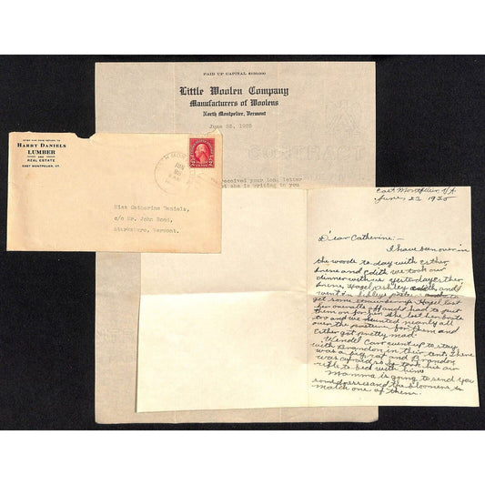 East / North Montpelier, VT 1925 ALS & Harry Daniel Lumber Cover + Letterhead