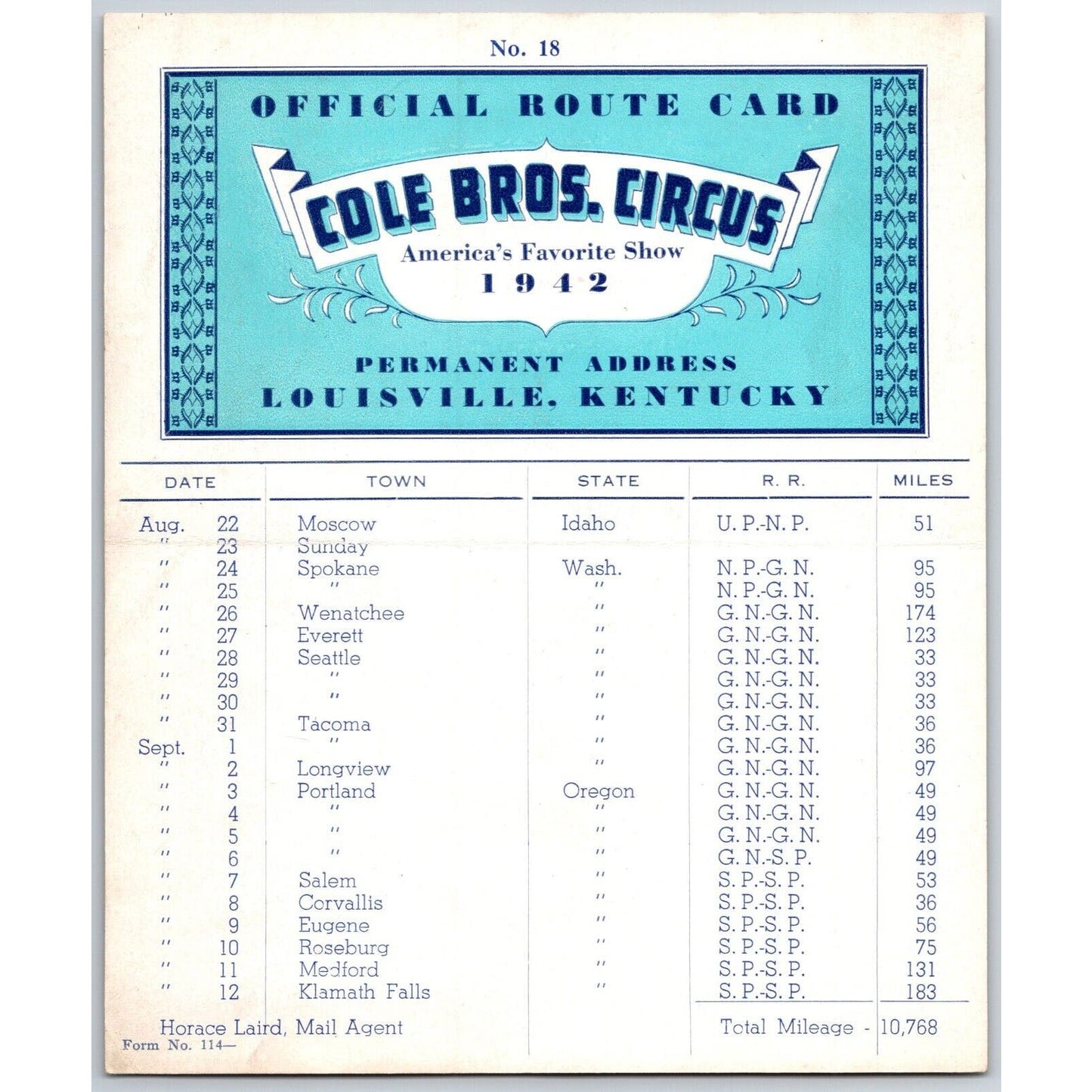 1942 Cole Bros Circus Route Card Oregon, Idaho & Washington State