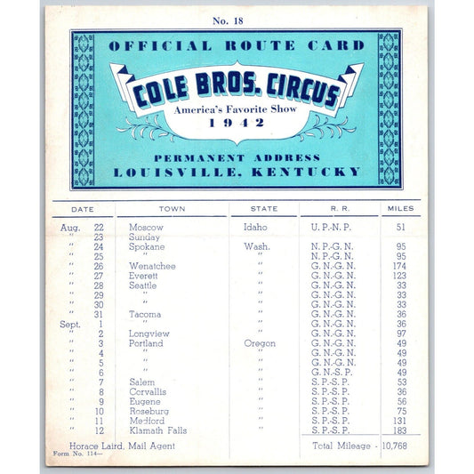 1942 Cole Bros Circus Route Card Oregon, Idaho & Washington State