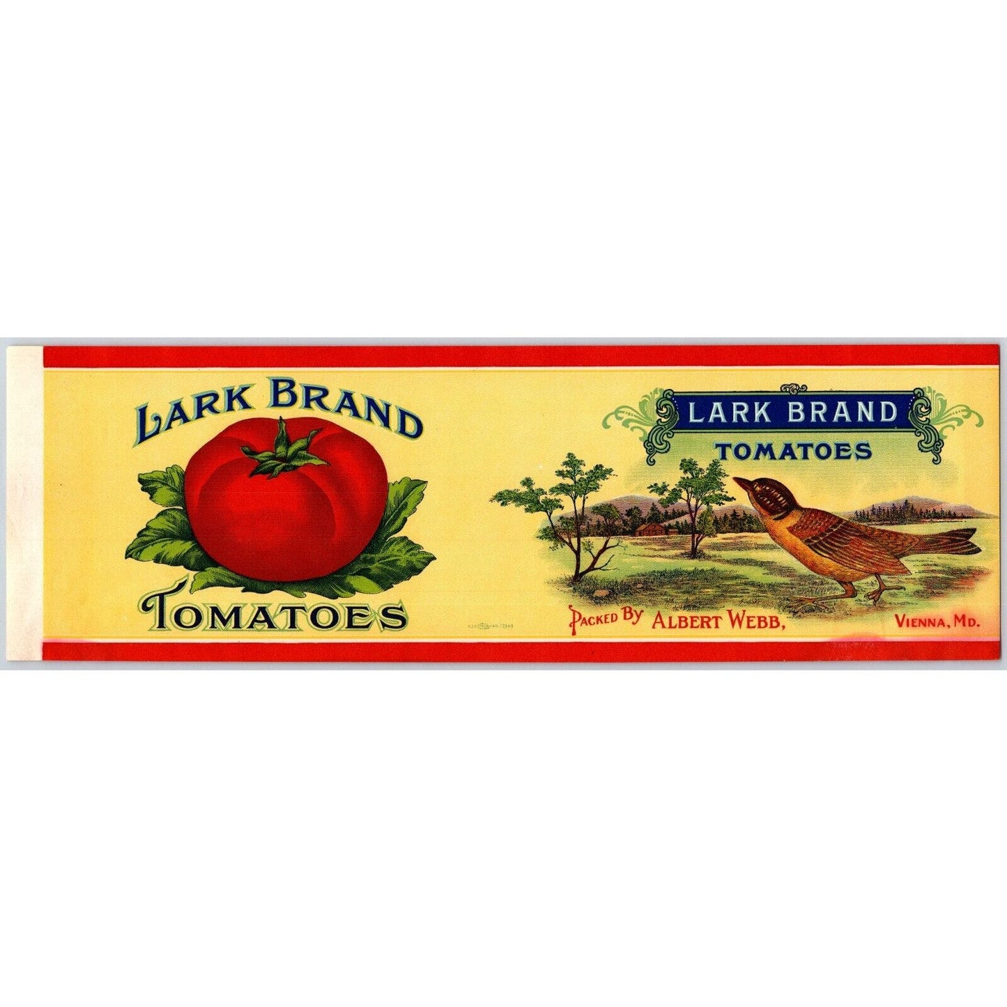 Lark Tomatoes Paper Can Label Albert Webb Vienna, MD c1920's w/ Bird VGC