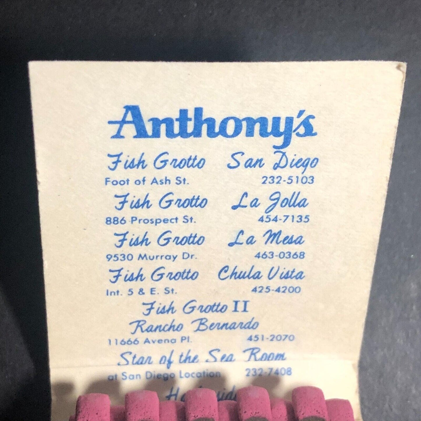 Anthony's Fish Grottos San Diego La Jolla La Mesa CA Full Matchbook c1973-79