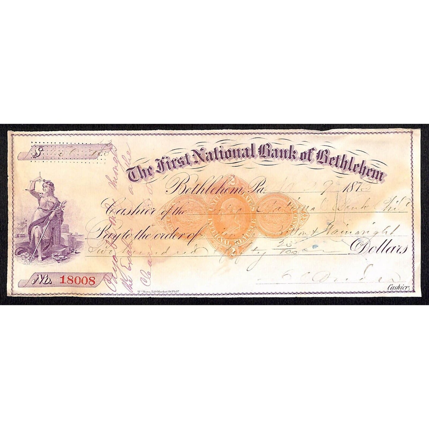 Bethlehem, PA 1873 First National Bank of Bethlehem w/ Tax Stamp & Vignette