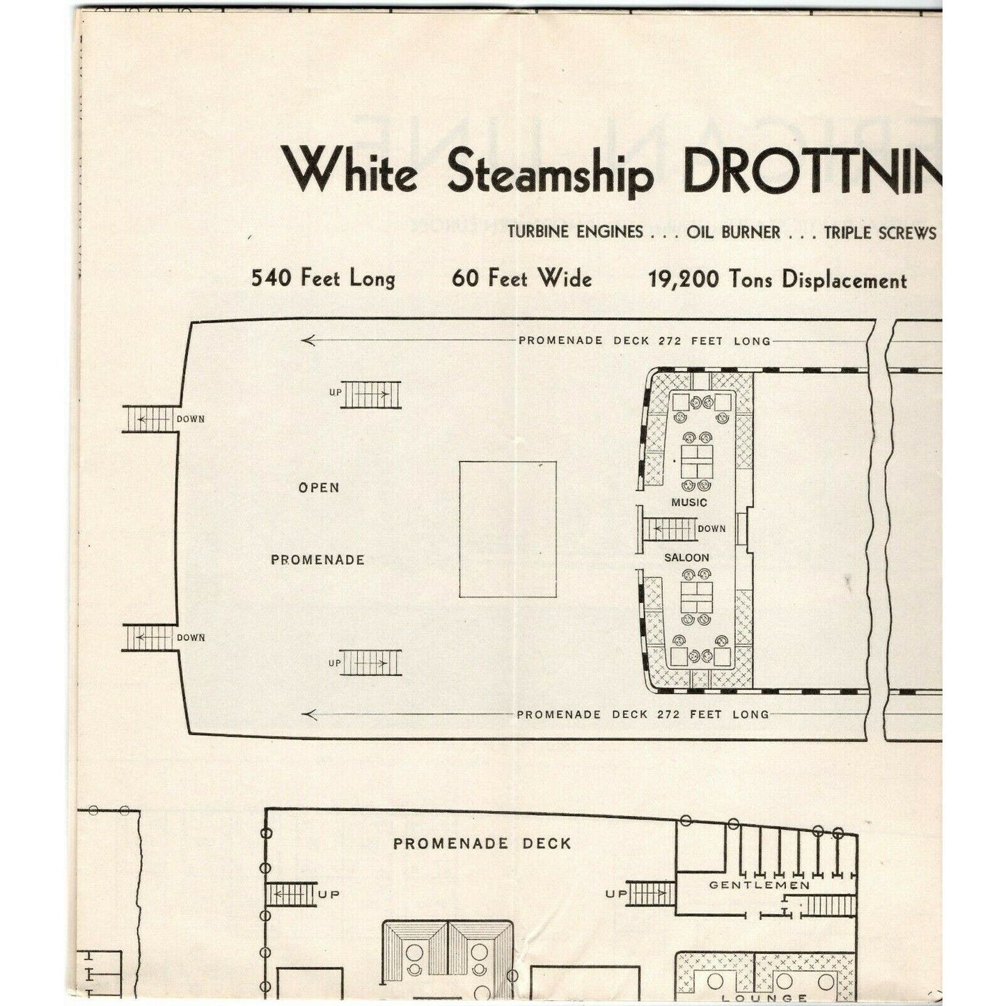 1938 SS Swedish American Line Drottningholm 3rd Cl. Deck Plan Single Sheet - VGC