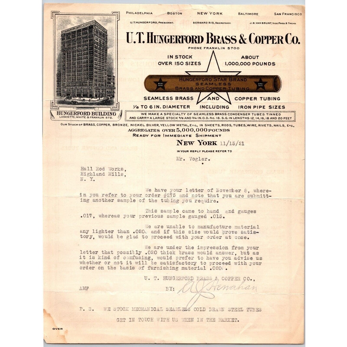 New York City U.T. Hungerford Brass & Copper Co. 1921 Letterhead - w/ Gold Ink