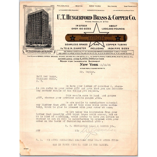 New York City U.T. Hungerford Brass & Copper Co. 1921 Letterhead - w/ Gold Ink
