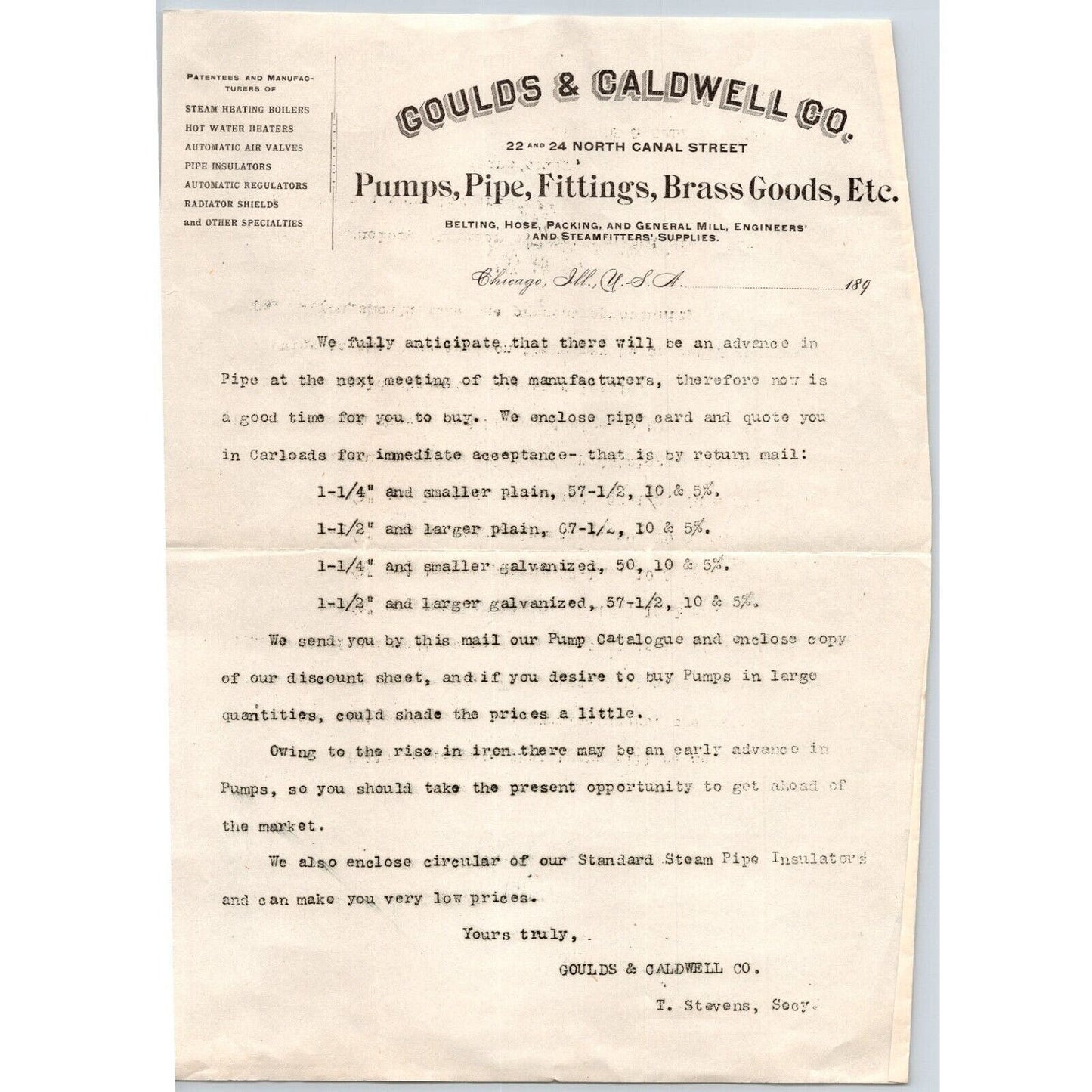 Chicago, IL Goulds & Caldwell Co. Pumps Pipe Fitters c1890's Letterhead