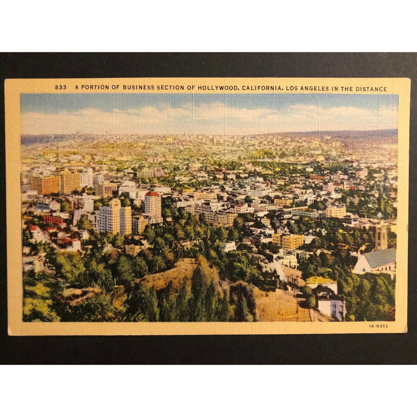 Vintage Linen Postcard - Aerial View Business District - Hollywood, CA