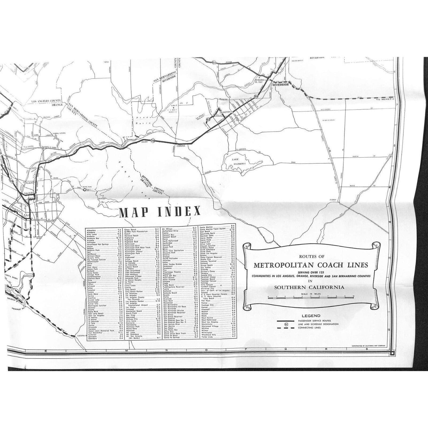 1954 Metropolitan Coach Lines Los Angeles Guide Map 21 1/2" x 33 1/2" VGC