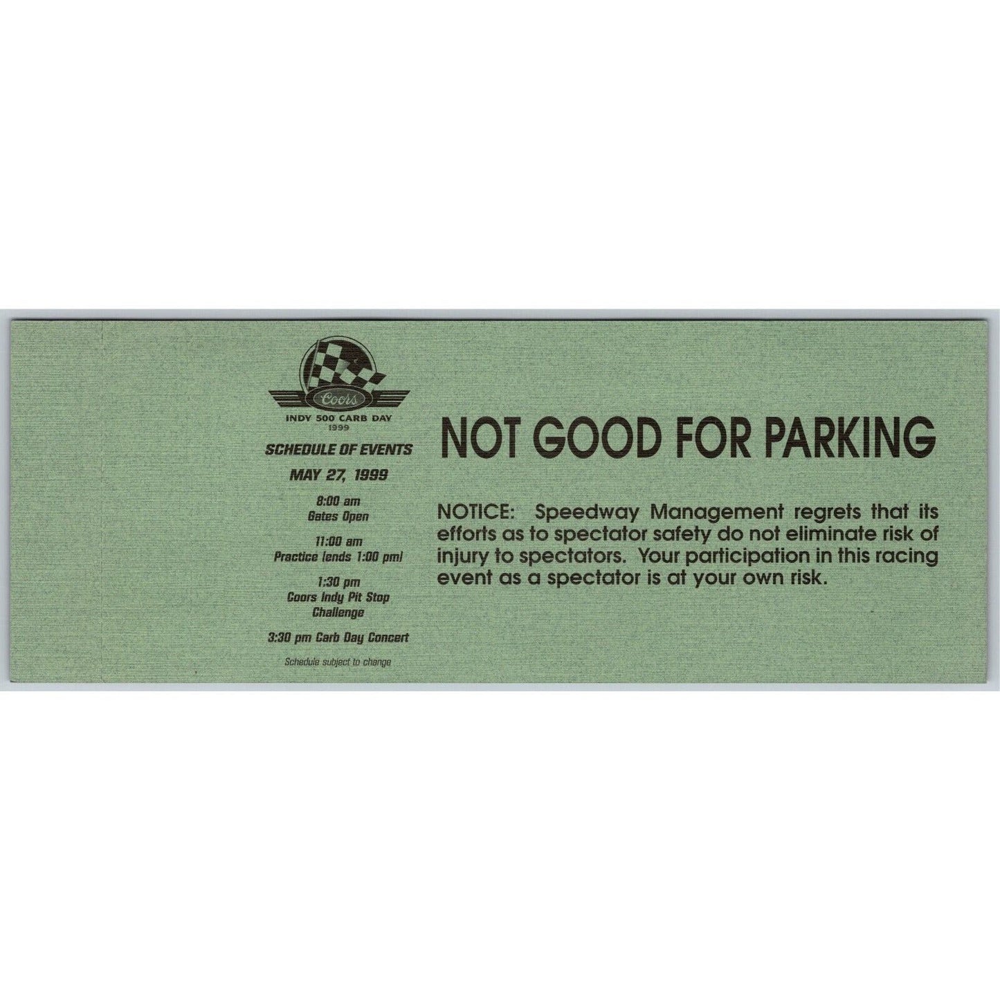 1999 Indy 500 Coors Carb Day Tower Suites Unused Ticket Indianapolis #93