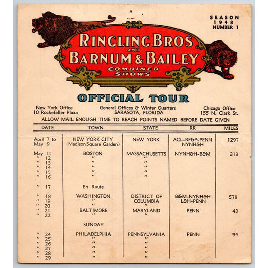 1948 Ringling Bros Barnum Bailey Circus Route Card Boston Washington DC