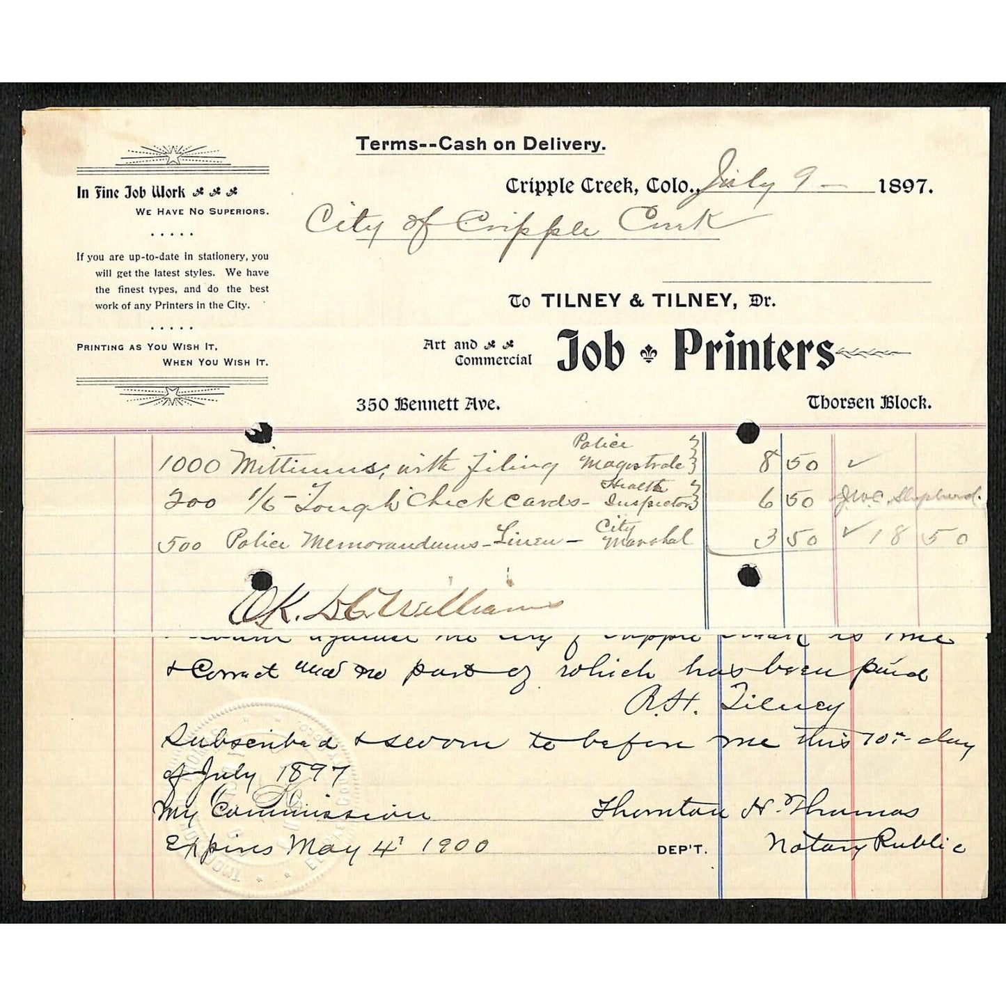 Cripple Creek, CO 1897 Tilney & Tilney Printers & C.C Attached Billheads VGC