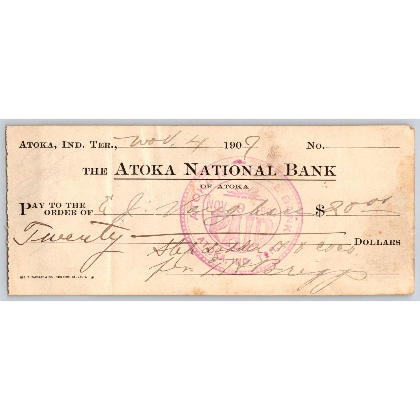 Atoka, OK 1909 Indian Territory* "Atoka National Bank" Check $20 - Scarce