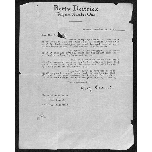 Betty Deitrick "Pilgrim Number one" Berkley 1916 TLS re: Street Bonds Mortgage