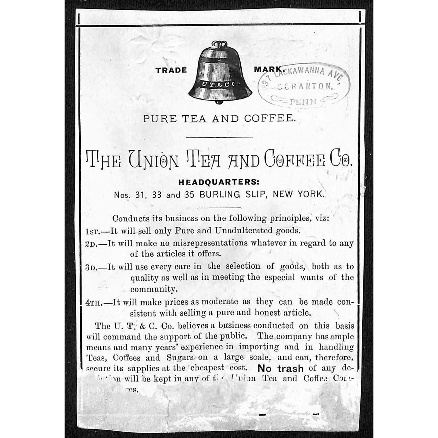 c1880's-90's Victorian Trade Card Union Tea & Coffee Burling Slip, NY - Glitter