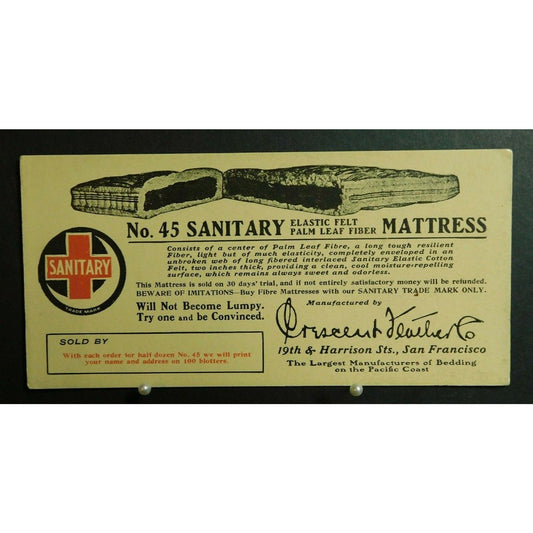 1930's Ink Blotter Advertising - Elastic Felt Sanitary Mattress - San Francisco