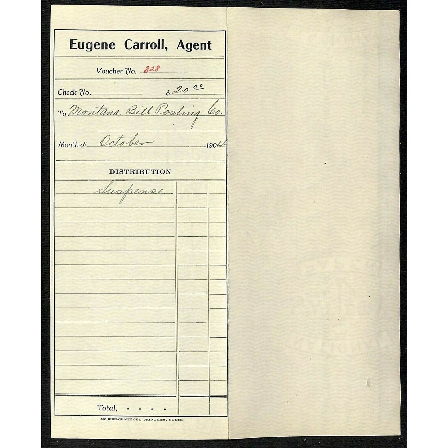 1904 Check Daly Bank & Trust Co. Butte, MT Eugene Carroll to Bill Posting Co.