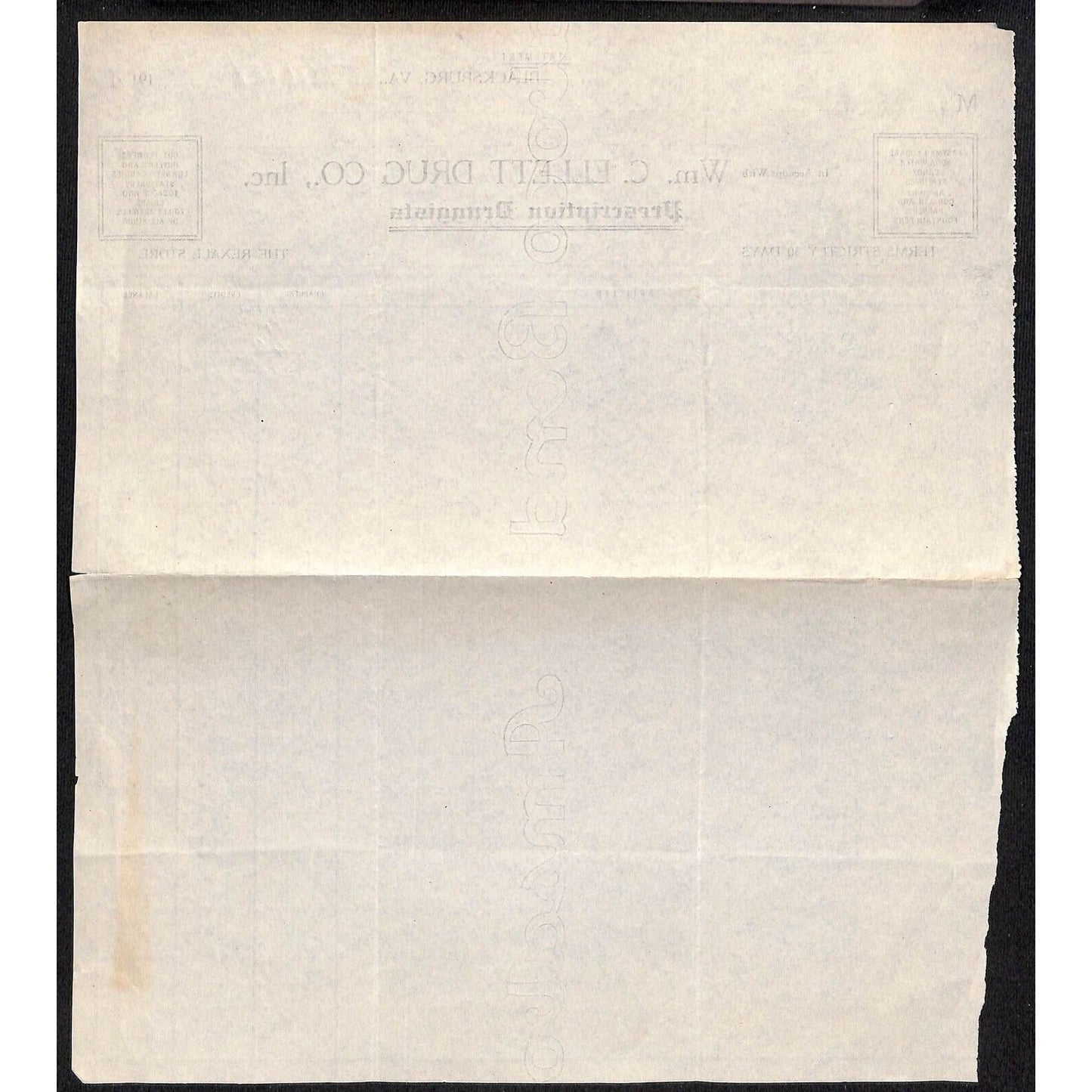 Blacksburg, VA Wm. C. Ellett Drug Co Prescription Druggists Rexall 1918 Billhead