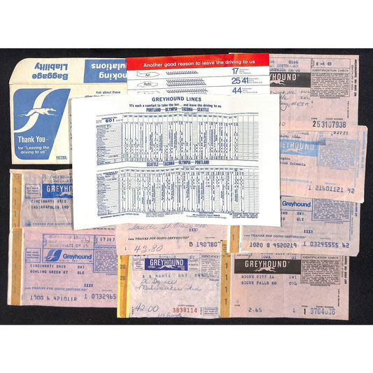 Greyhound Bus Group of 12 Receipts Incl. Env. & 1971 Portland Seattle Schedule
