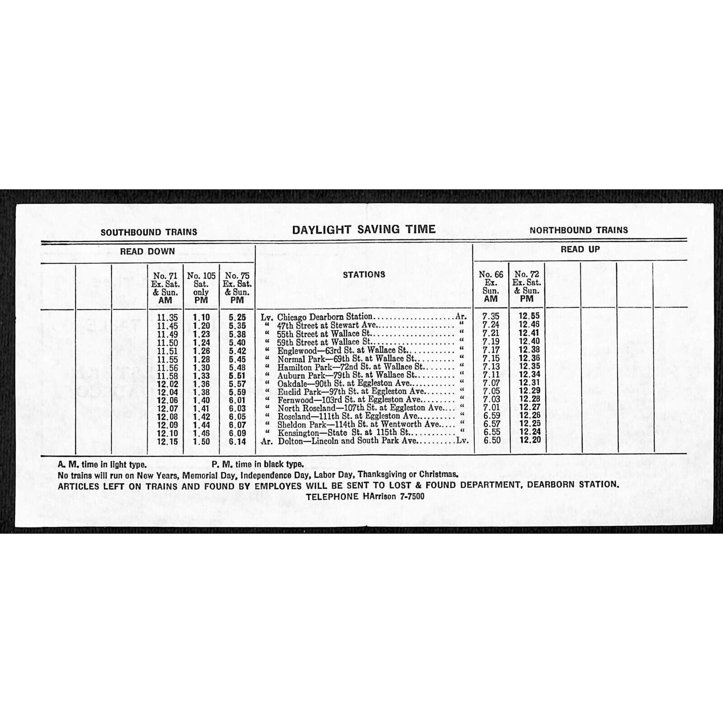 1960 Chicago & Western Indiana Railroad Suburban Time Table Daylight Savings