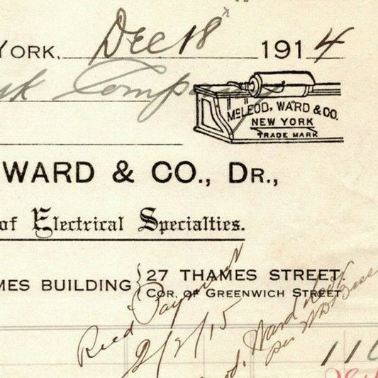 1914 McLeod, Ward & Co. Electrical Letterhead Billhead 27 Thames St. NYC