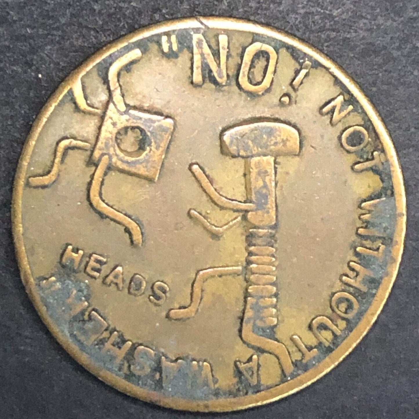 Funny Racy Bawdy "Plug Me In" Vintage Brass Heads / Tails Token 25.7mm