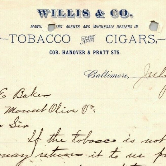1897 Letterhead Billhead Willis & Co. Tobacco Cigars Baltimore Ephraim Baker*