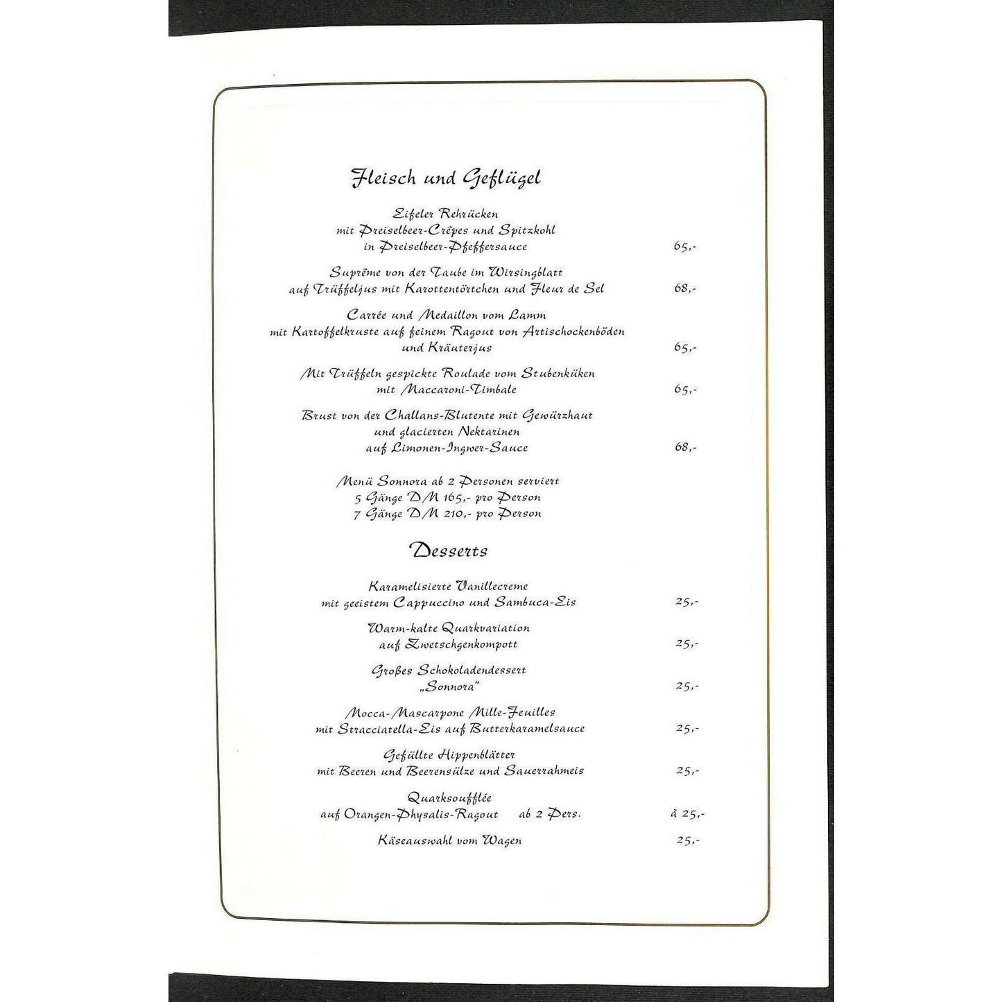 Waldhotel Sonnoro Restaurant Dreis Germany Menu c1990's VGC