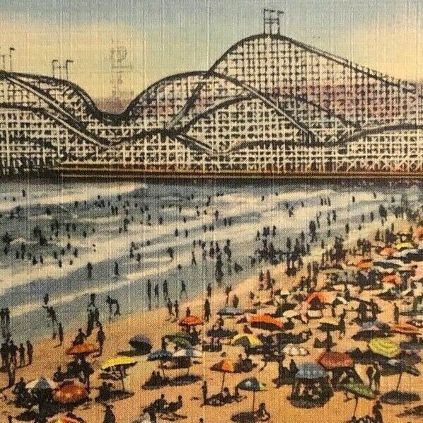Vintage Linen Postcard - The Cyclone Racer and Beach Crowds Long Beach, CA