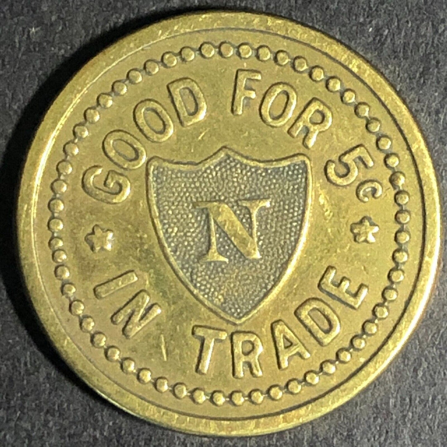 Lawrence Neuner Roseburg, ORE Cigar Store Brass G/F 5c Trade Token 21.11mm c1925