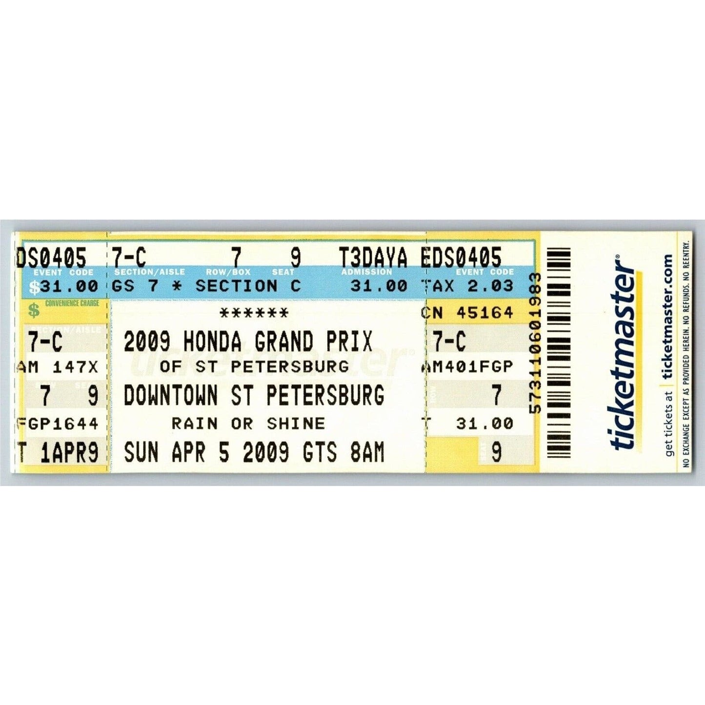 2009 Honda Grand Prix St. Petersburg Ticket VGC Seat 9