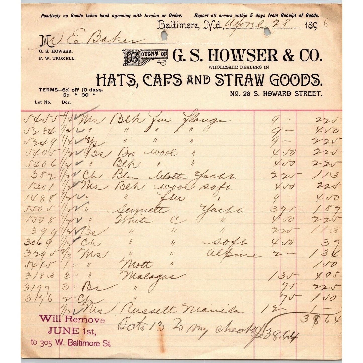 1896 Letterhead Billhead G.S. Howser & Co. Straw Goods Baltimore Ephraim Baker*