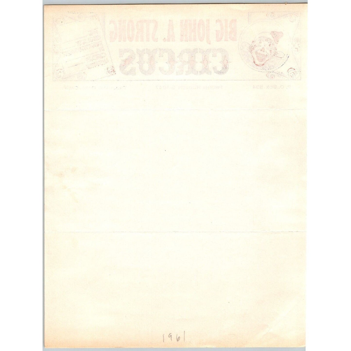 Big John A. Strong Circus Letterhead 1961 Thousand Oaks, CA Clown Scarce