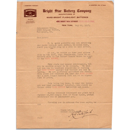 New York City West 14th St. Bright Start Battery Co. 1917 Letterhead