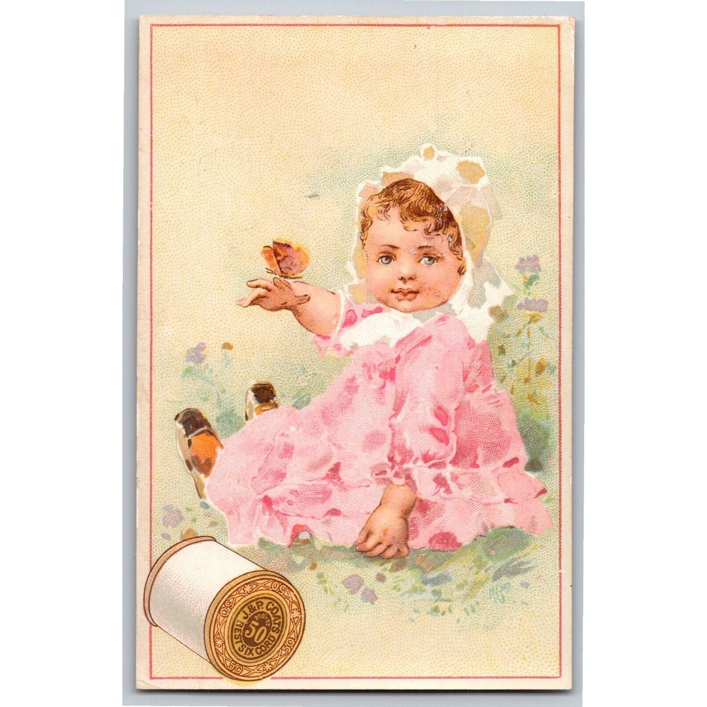 Baby Pink Dress Butterfly Birds Victorian Trade Card - JP Coats Thread
