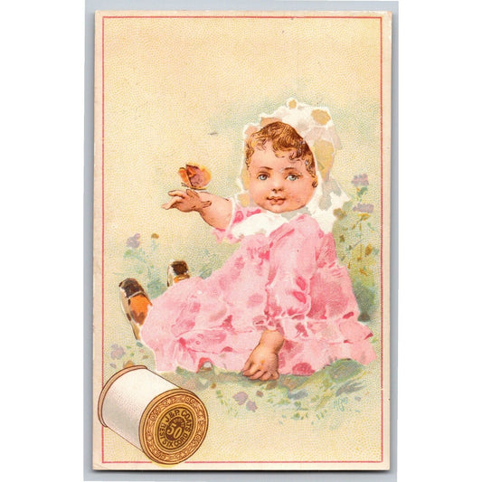 Baby Pink Dress Butterfly Birds Victorian Trade Card - JP Coats Thread