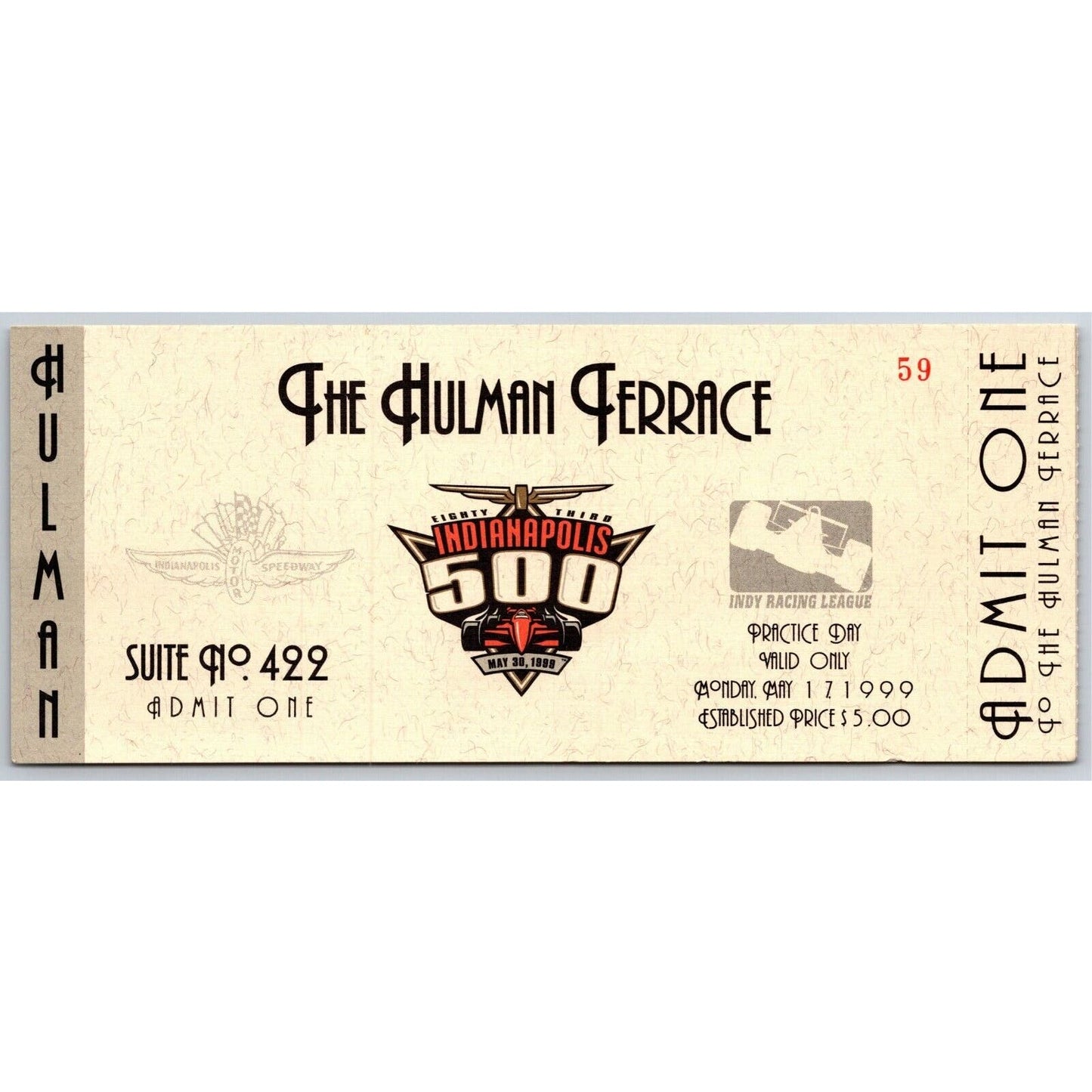 1999 Indy 500 Practice Day Hulman Terrace Unused Ticket Stub Indianapolis #59