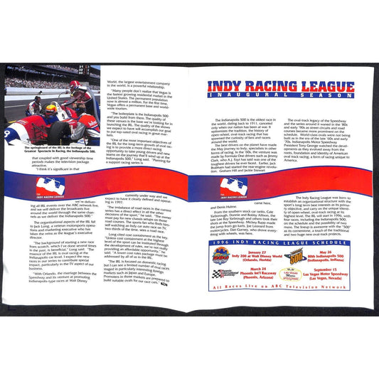 1996 Indy Racing League Schedule - Inaugural Season - Single Folded Sheet