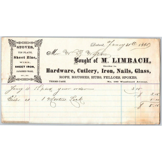 Detroit Letterhead M. Limbach Hardware Cutlery Iron Nails Glass Sheet Zinc 1869