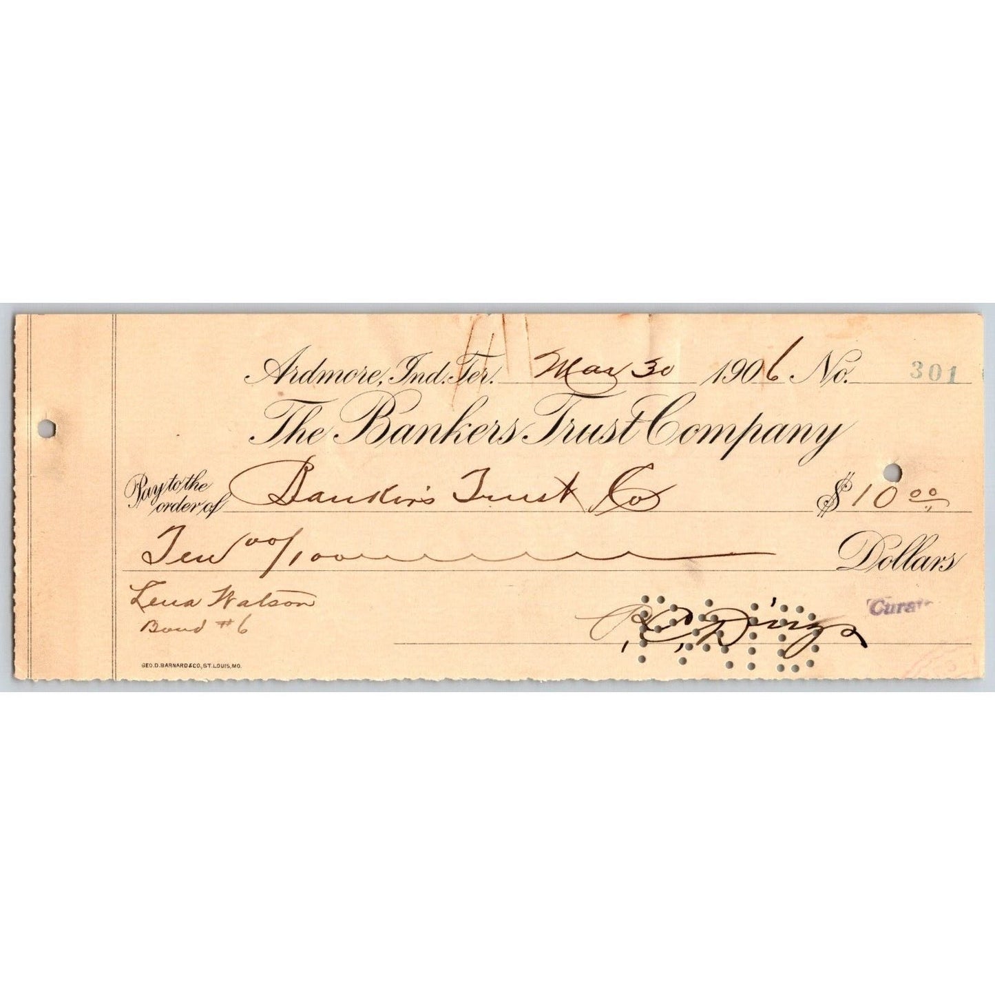 Ardmore, OK 1906 Indian Territory Bankers Trust Co. Check $10 - Scarce
