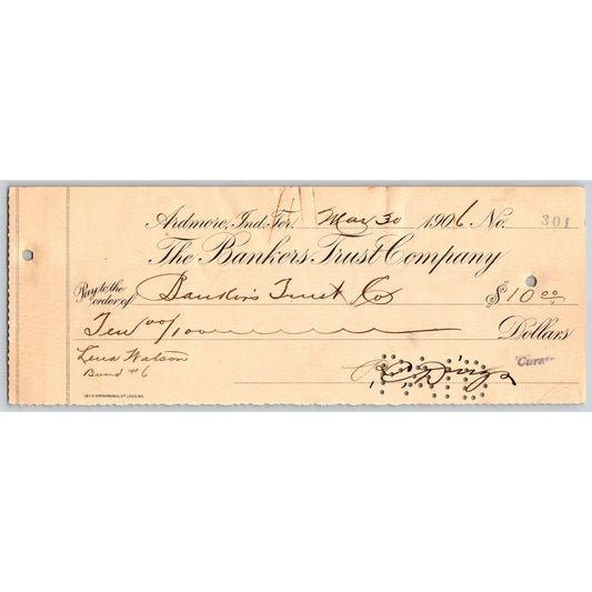 Ardmore, OK 1906 Indian Territory Bankers Trust Co. Check $10 - Scarce