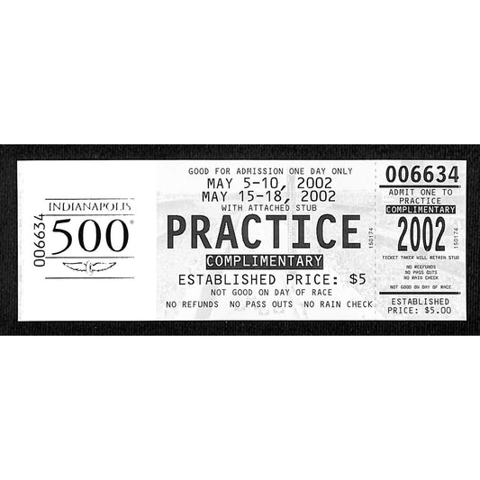 2002 Indy 500 Unused Comp Practice Ticket on IMS Foil Stamped Stock #6634 VGC