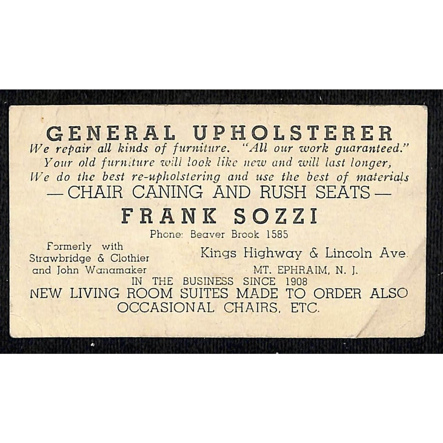 Vintage c1942 Business Card "Frank Sozzi" General Upholsterer Mt. Ephraim NJ