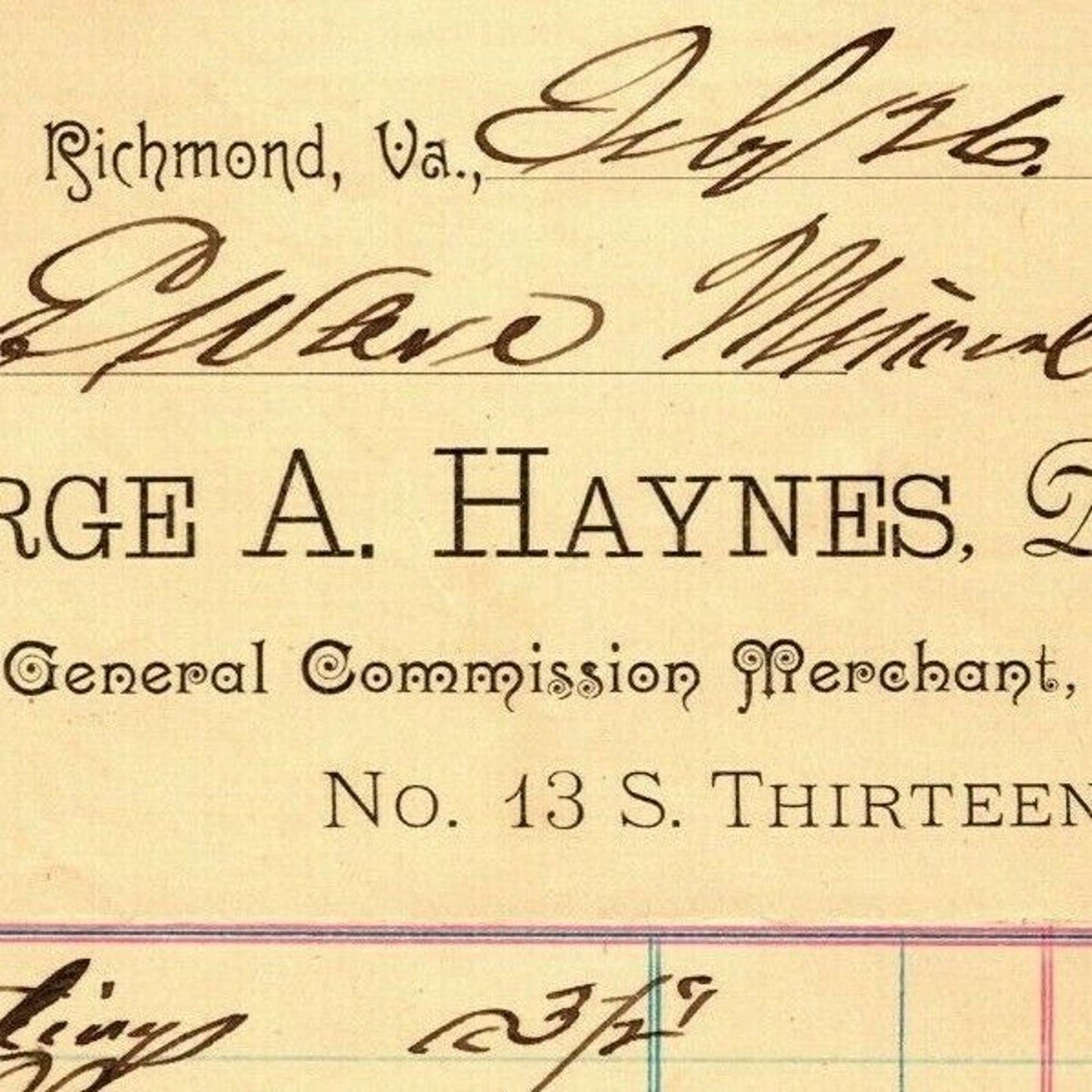 George A. Haynes Merchant Richmond, VA Letterhead to Geo. E. Wear 1892