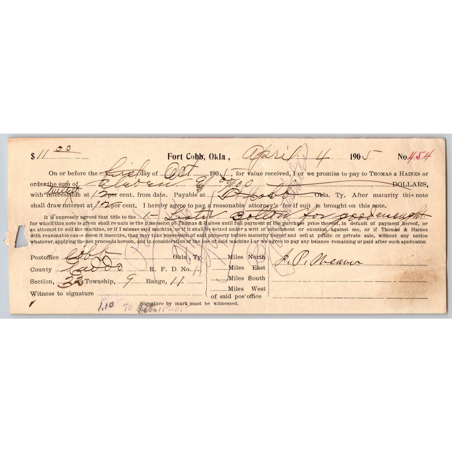 Fort Cobb Territorial Oklahoma $11 Promissory Note