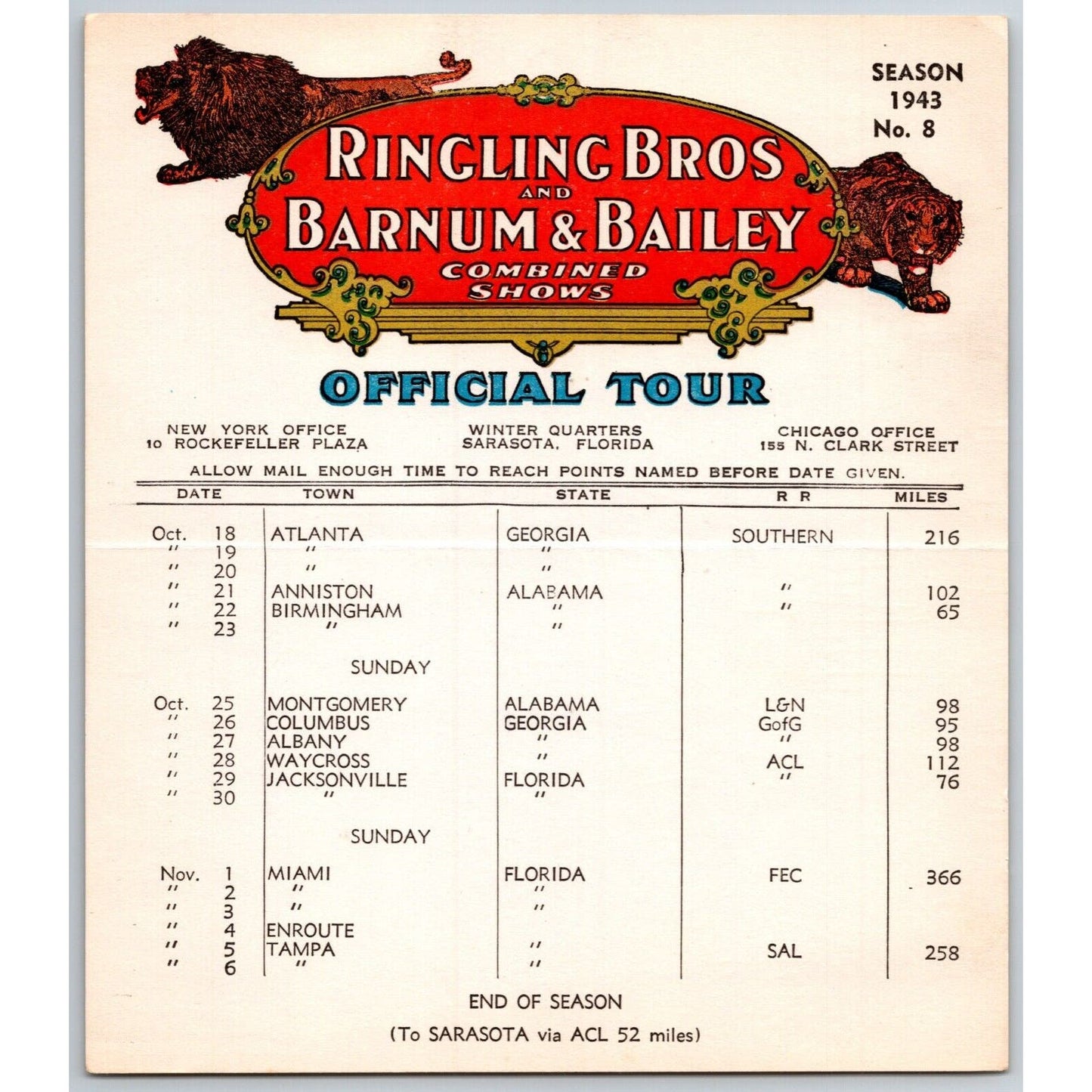 1943 Ringling Bros Barnum & Bailey Circus Route Card Atlanta Miami Tampa