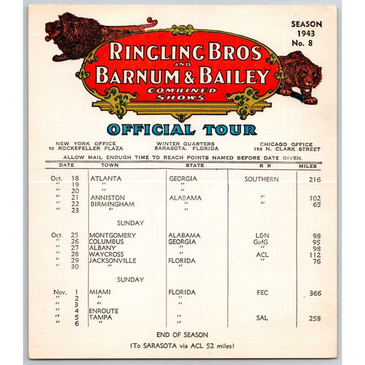 1943 Ringling Bros Barnum & Bailey Circus Route Card Atlanta Miami Tampa