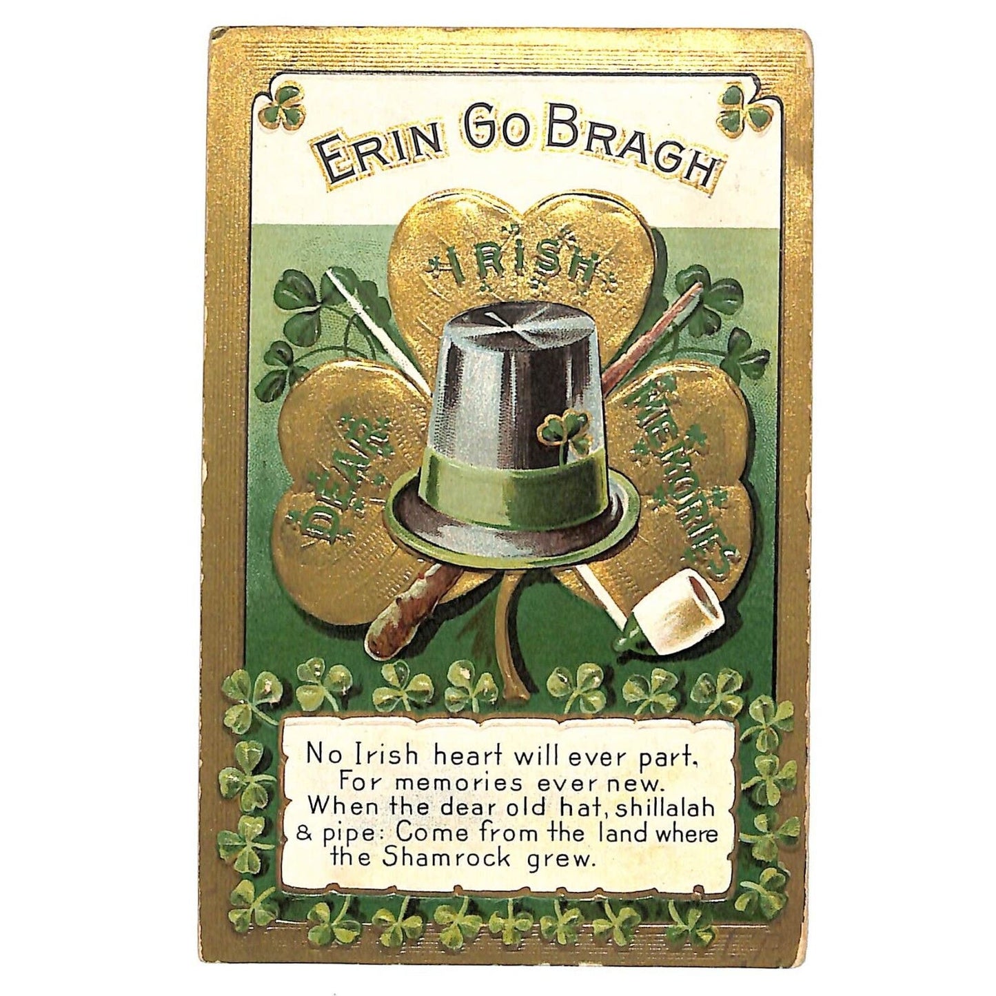 Ireland Postcard "Dear Irish Memories" Hat Pipe Gilt Clover Embossed PM 1909