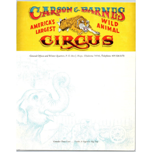Carson & Barnes Wild Animal Circus Letterhead c1970's Tiger Elephant VGC
